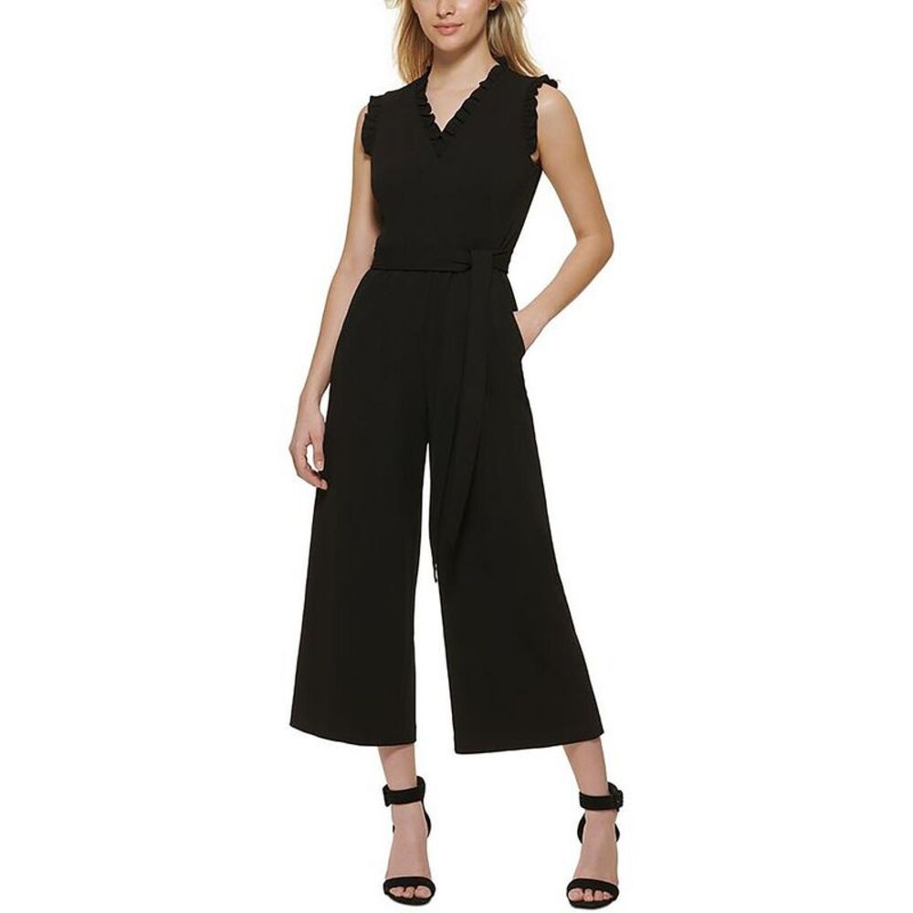 Calvin Klein Womens Black Knit Rufled Wide Leg Jumpsuit NWOT